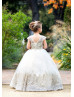 Cap Sleeves Gold Lace White Tulle V Back Flower Girl Dress